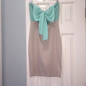 Mint Green/Tan Strapless Solemio Cocktail Dress